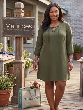 Maurices Casual Midi V-Neck Lace Up 3/4 Sleeves Dress